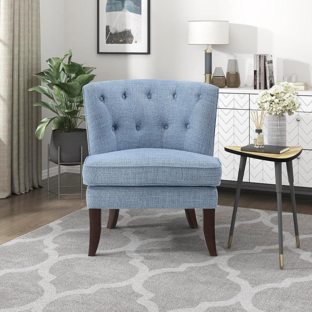 Blue Armless Accent Chair, Tufted Fabric Chair with Wood Legs for Living Room Bedroom Office