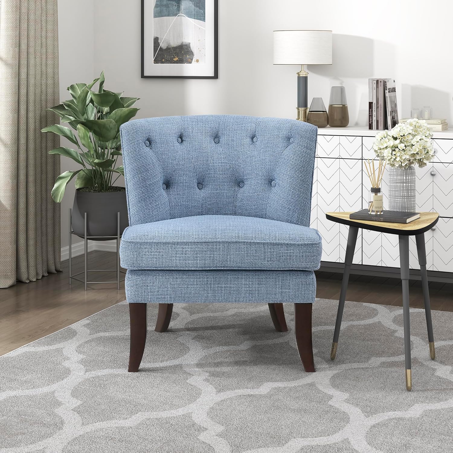 Blue Armless Accent Chair, Tufted Fabric Chair with Wood Legs for Living Room Bedroom Office