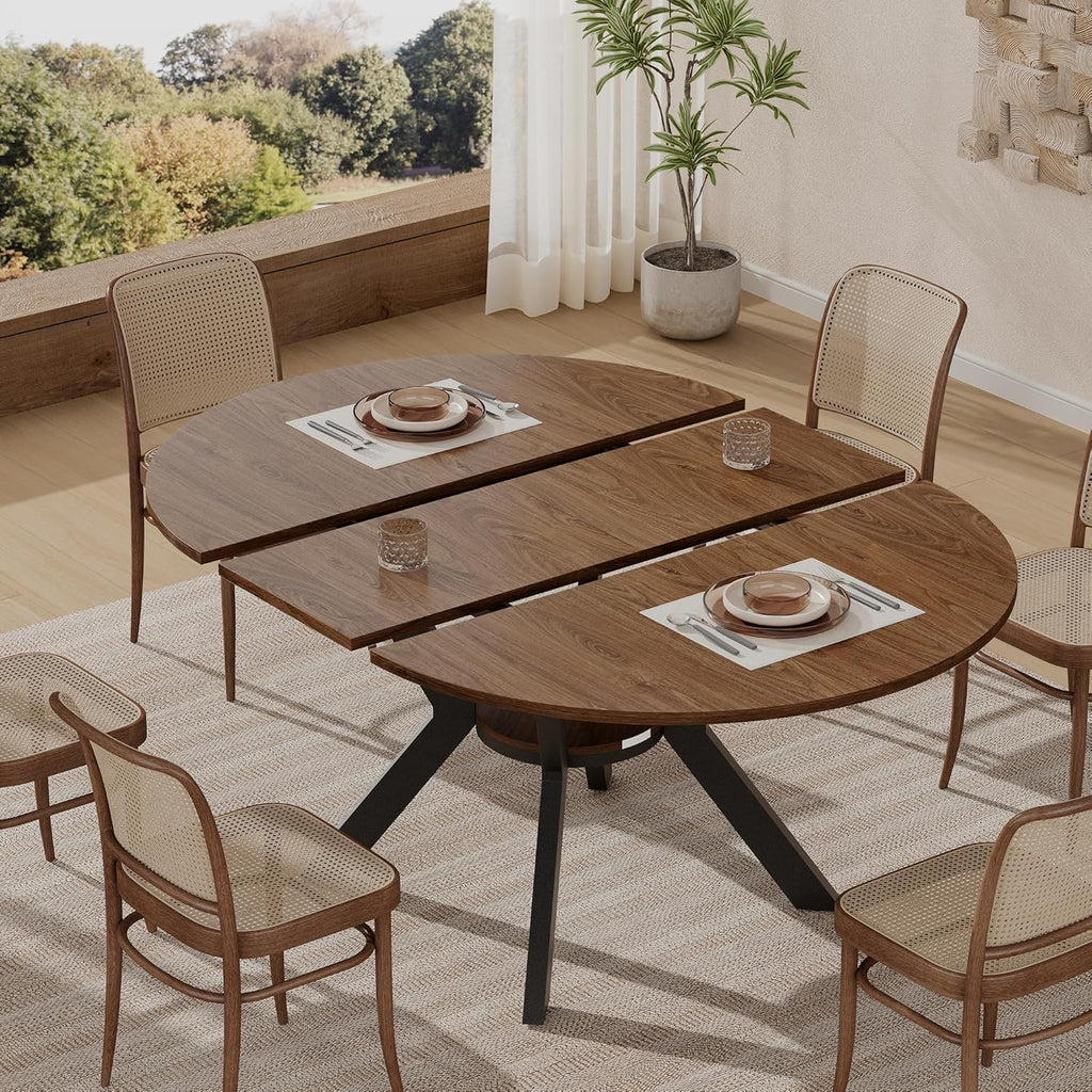 42"-58" Extendable Round Dining Table with Hidden Leaves & Storage Shelf, Metal Legs for Small Spaces