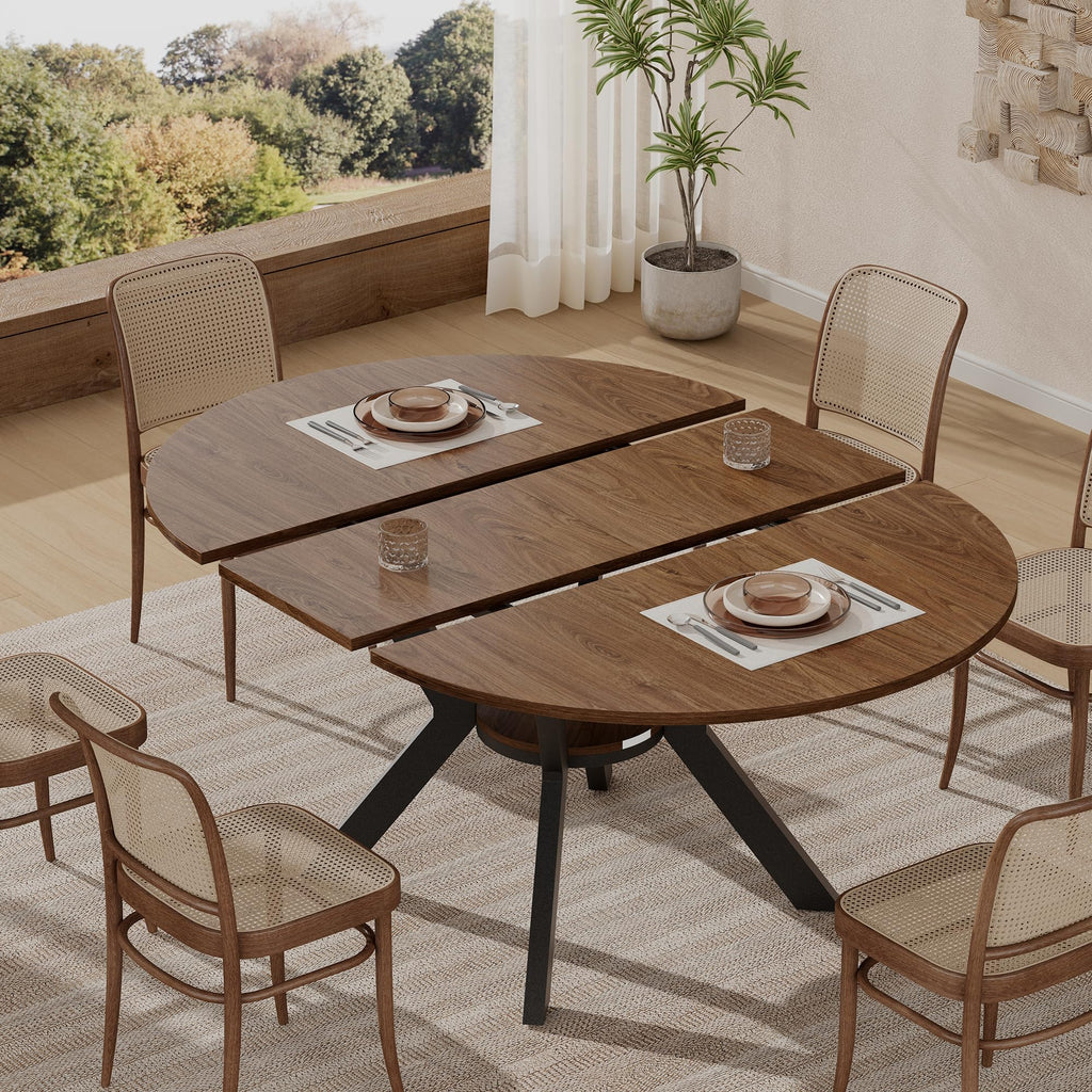 42"-58" Extendable Round Dining Table with Hidden Leaves & Storage Shelf, Metal Legs for Small Spaces