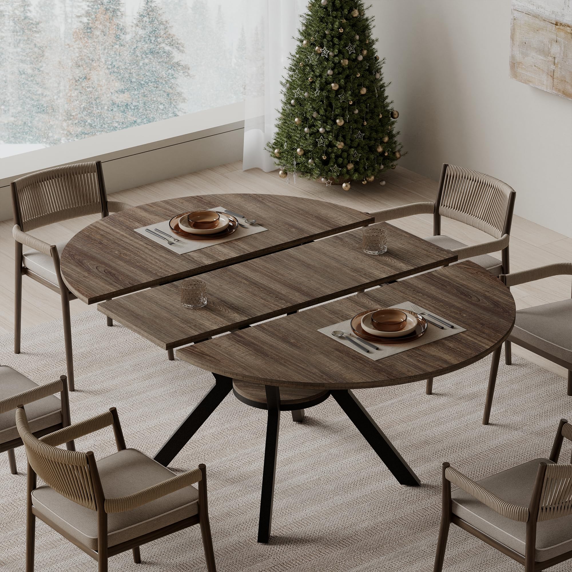 42"-58" Round Extendable Dining Table for 4-6, Kitchen Oval Table with Hidden Leaves & Storage Shelf, Space Saving Modern Design with Sturdy Metal Legs for Kitchen, Dining Room & Small Apartments