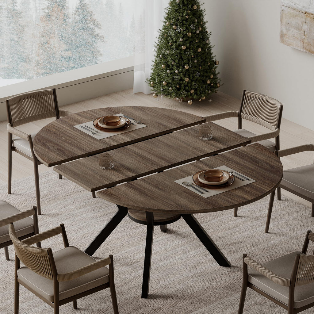 42"-58" Extendable Round Dining Table with Built-in Flip Leaf, Modern Oval Kitchen Table for 4-6, Space-Saving Small Room Furniture with Storage Shelf and X-Shaped Metal Base