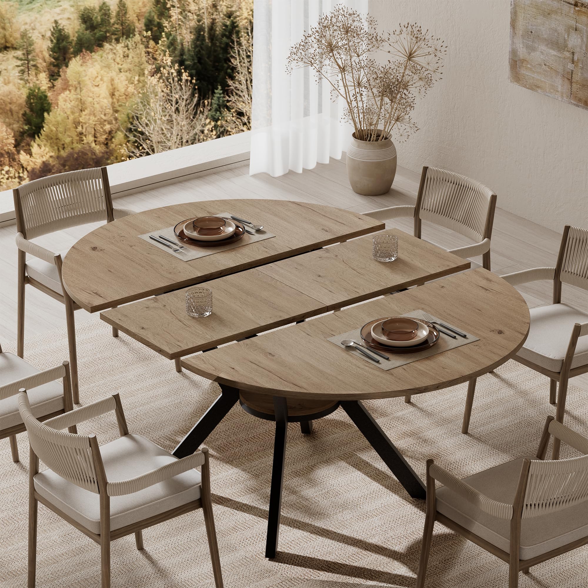 42"-58" Round Extendable Dining Table for 4-6, Kitchen Oval Table with Hidden Leaves & Storage Shelf, Space Saving Modern Design with Sturdy Metal Legs for Kitchen, Dining Room & Small Apartments