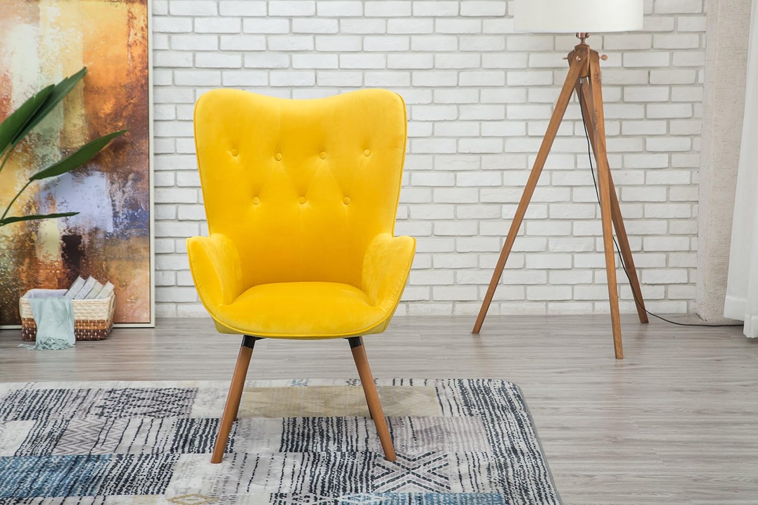 Roundhill Furniture AC155YL Doarnin Silky Velvet Tufted Button Accent Chair, Yellow 30D x 41.5W x 26.8H in