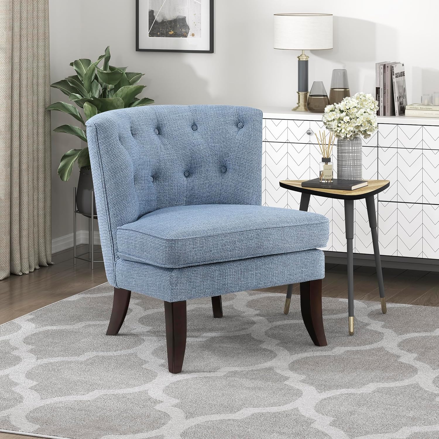 Blue Armless Accent Chair, Tufted Fabric Chair with Wood Legs for Living Room Bedroom Office