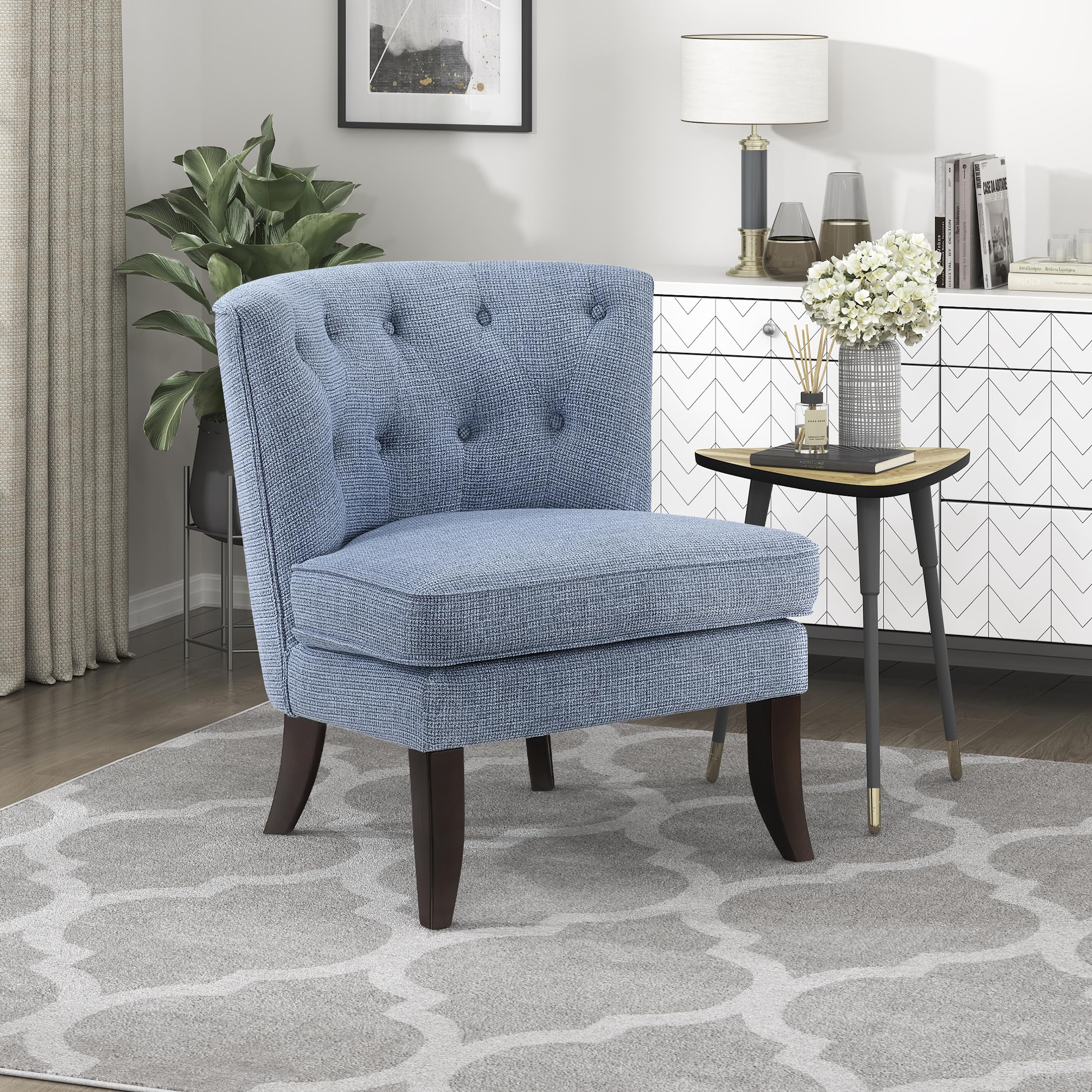 Blue Armless Accent Chair, Tufted Fabric Chair with Wood Legs for Living Room Bedroom Office