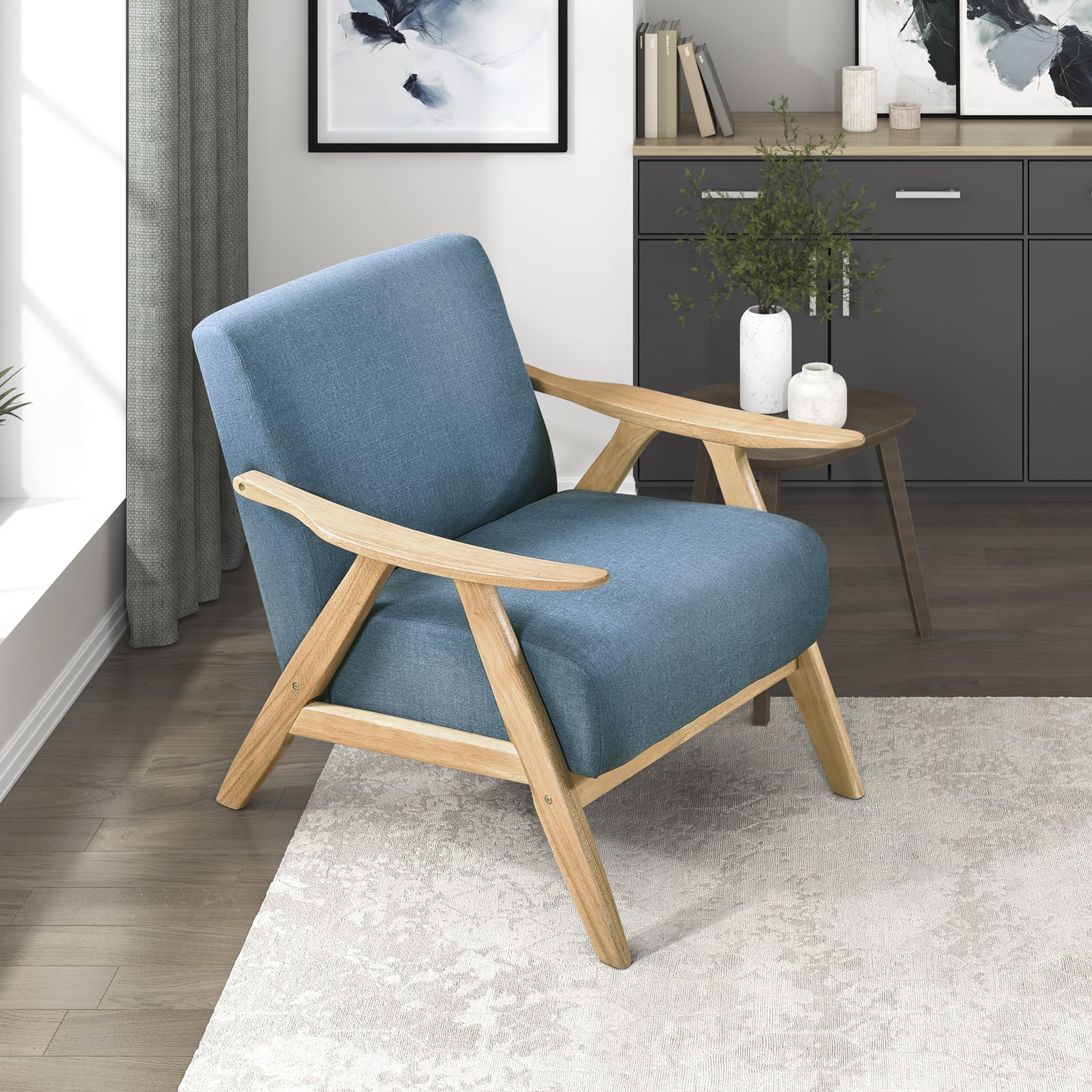 Lexicon Mid Century Modern Accent Chair with Solid Wood Frame in Walnut Finish, Upholstered Living Room Lounge Arm Chair, Thick and Comfy Innerspring Seat Cushion, Linen-Look Fabric, Light Brown