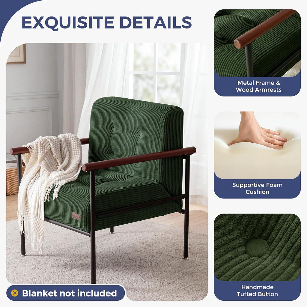 MAXYOYO Living Room Accent Chair, Modern Chair with Sturdy Metal Frame & Wood Armrests, Upholstered Reading Chair with Upholstered Cushion for Bedroom Balcony Porch, Dark Green