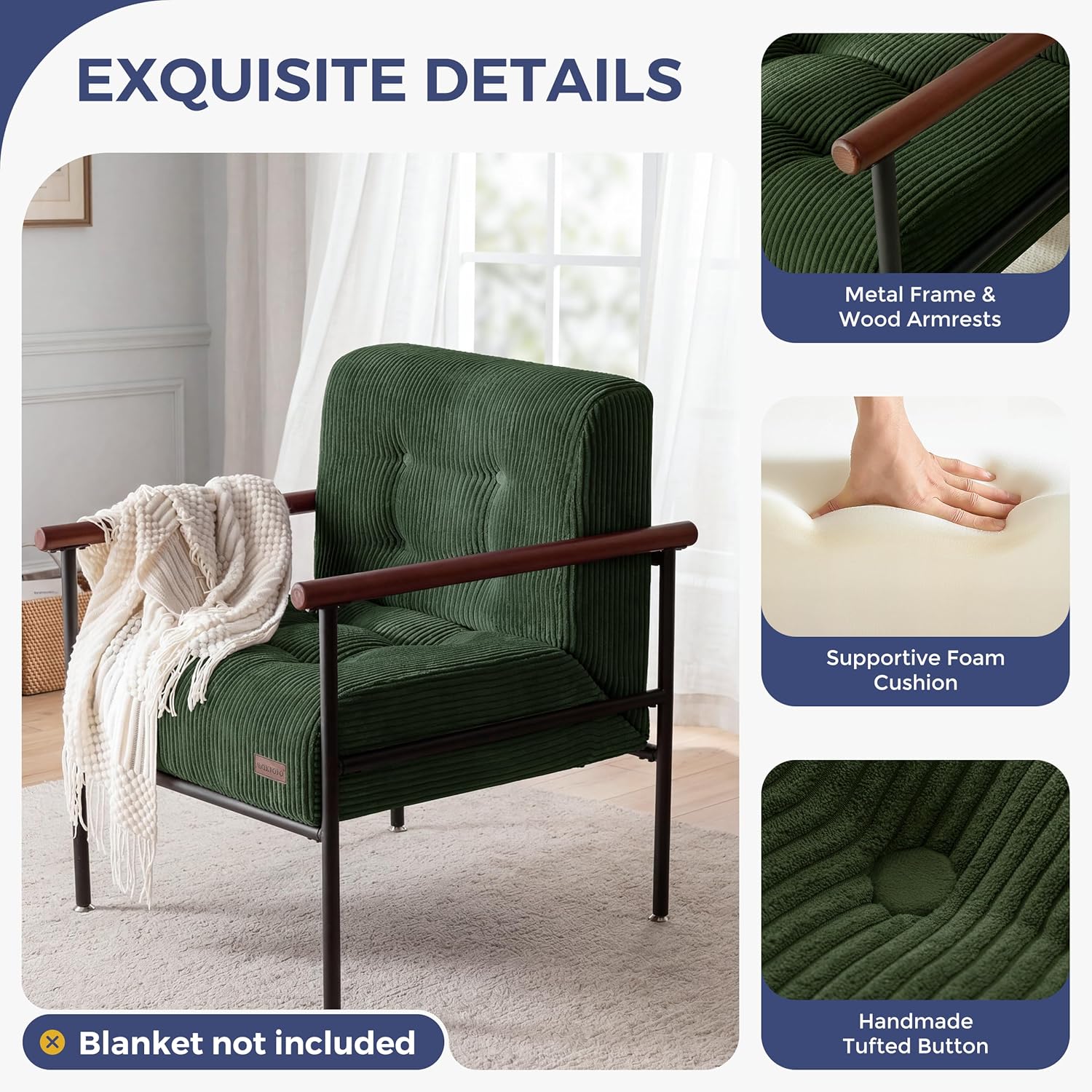 MAXYOYO Living Room Accent Chair, Modern Chair with Sturdy Metal Frame & Wood Armrests, Upholstered Reading Chair with Upholstered Cushion for Bedroom Balcony Porch, Dark Green