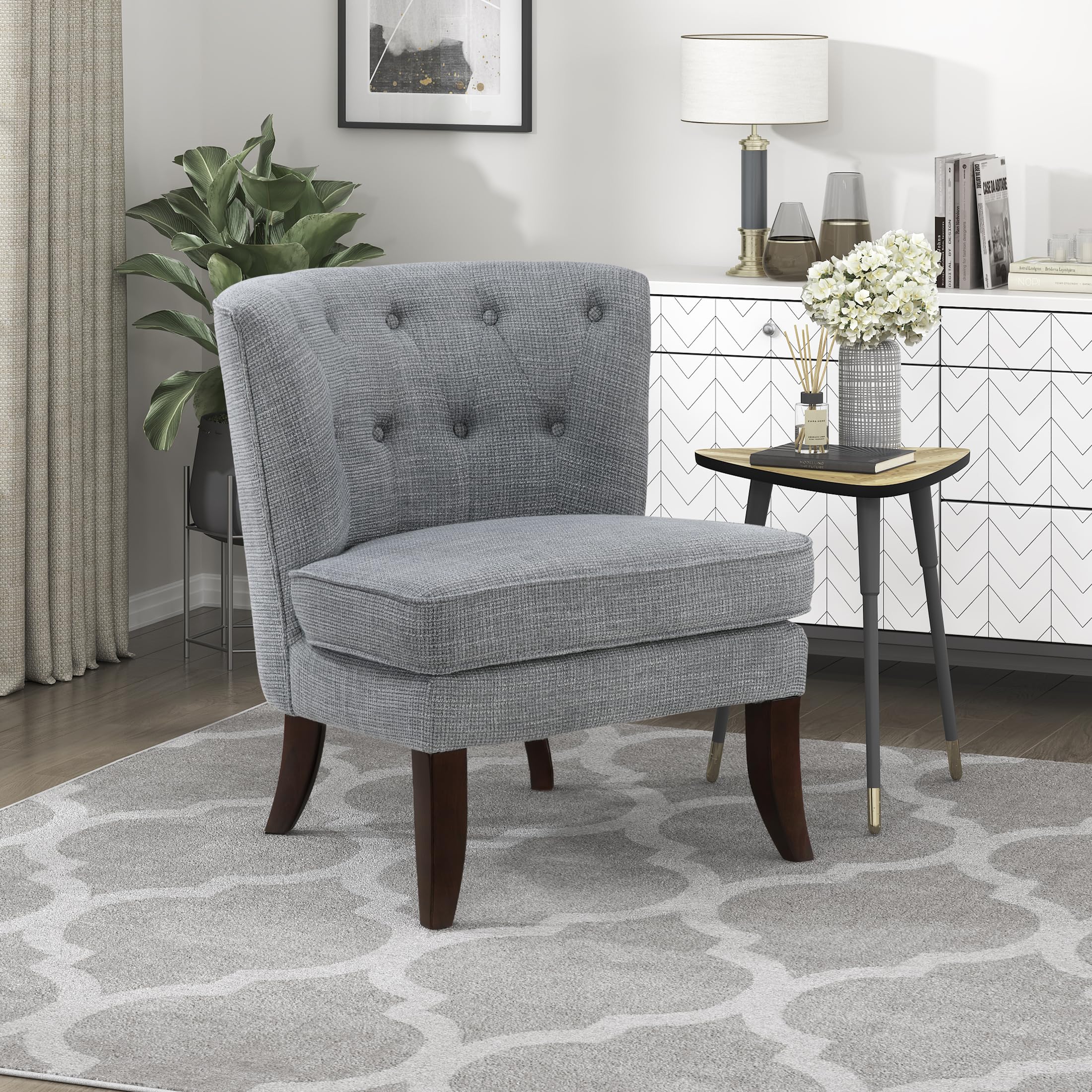 Blue Armless Accent Chair, Tufted Fabric Chair with Wood Legs for Living Room Bedroom Office