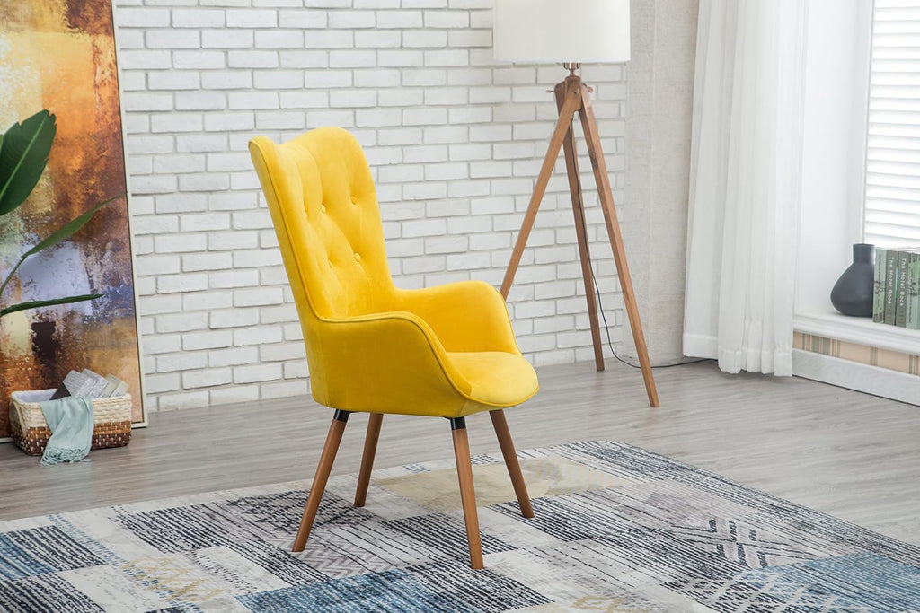 Roundhill Furniture AC155YL Doarnin Silky Velvet Tufted Button Accent Chair, Yellow 30D x 41.5W x 26.8H in