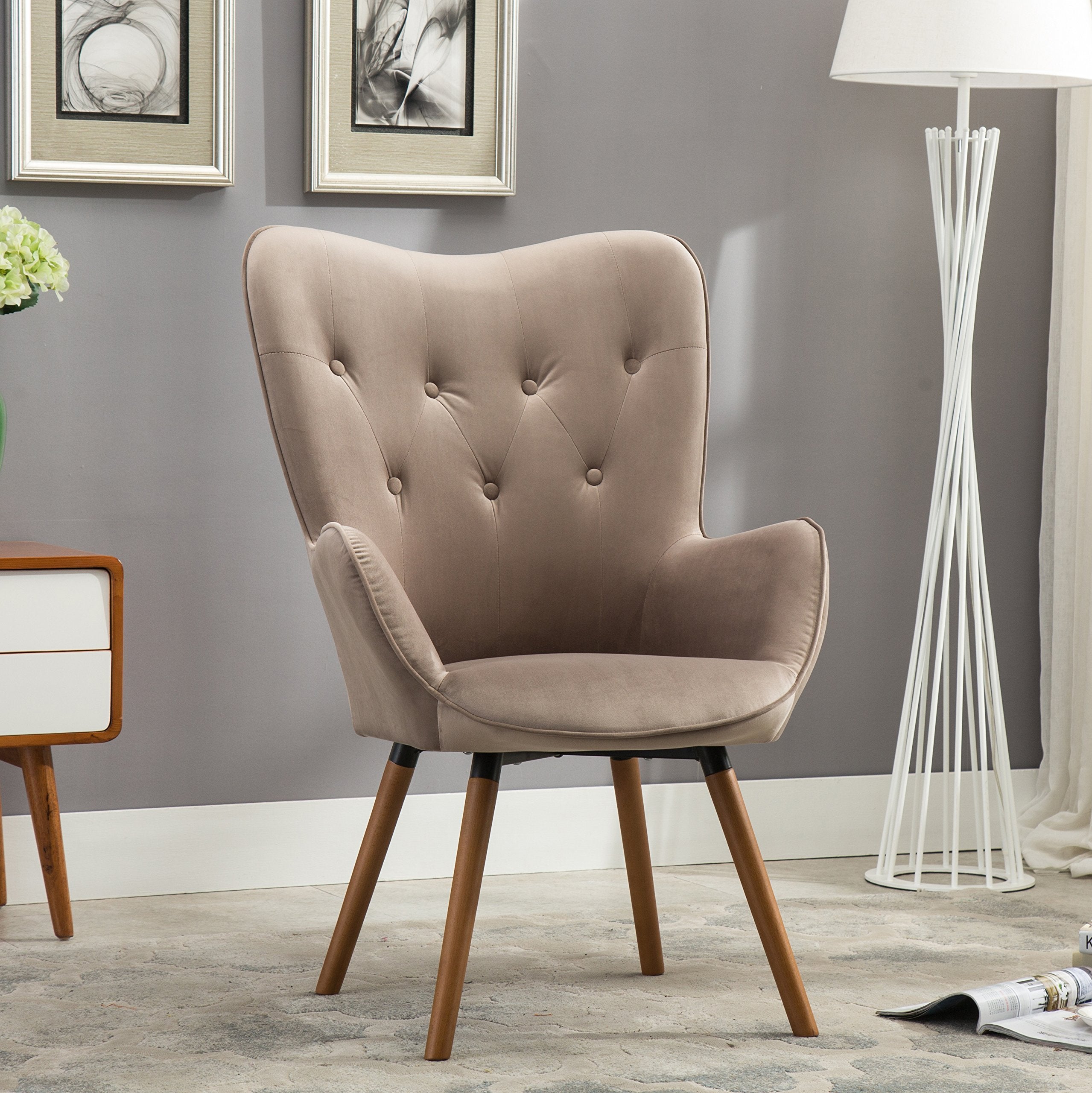 Roundhill Furniture AC155YL Doarnin Silky Velvet Tufted Button Accent Chair, Yellow 30D x 41.5W x 26.8H in