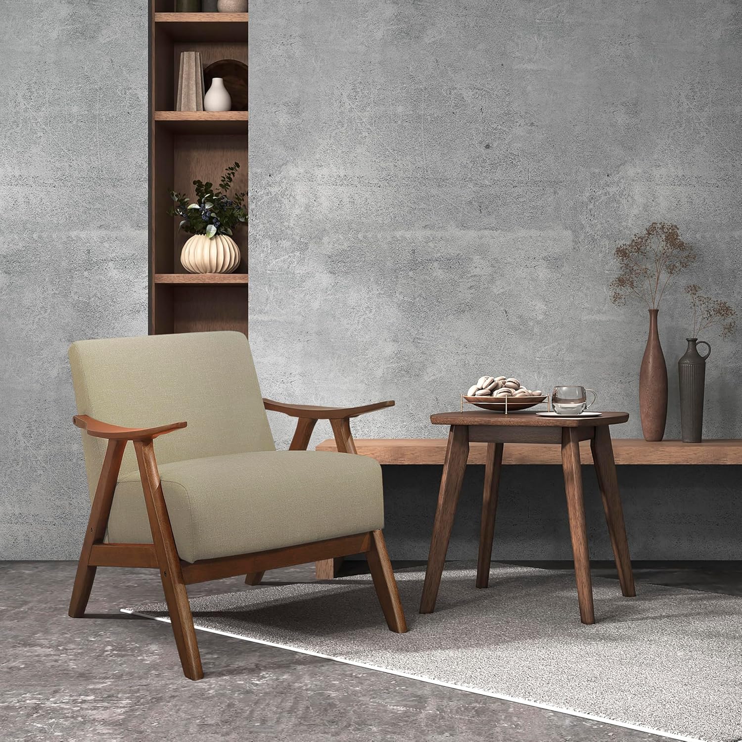 Lexicon Mid Century Modern Accent Chair with Solid Wood Frame in Walnut Finish, Upholstered Living Room Lounge Arm Chair, Thick and Comfy Innerspring Seat Cushion, Linen-Look Fabric, Light Brown