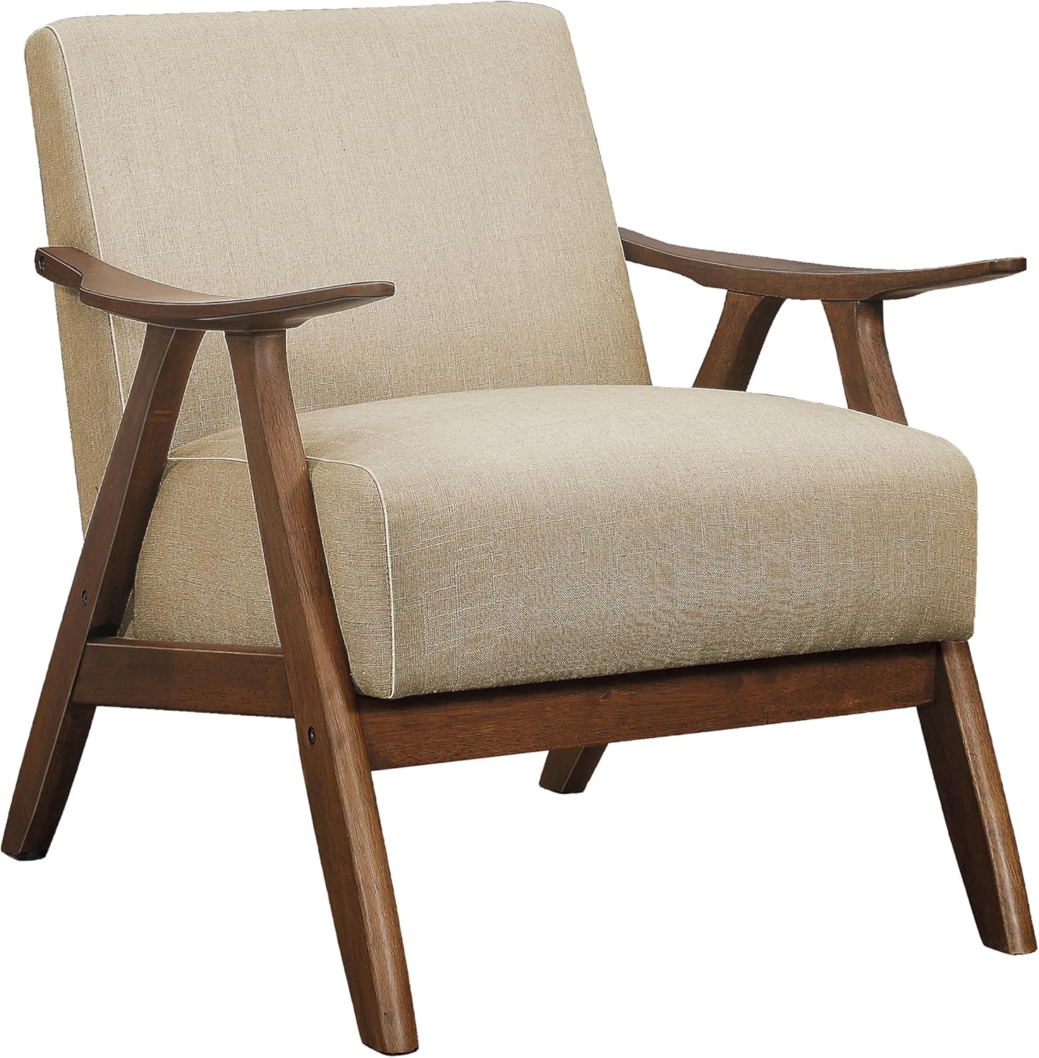Lexicon Mid Century Modern Accent Chair with Solid Wood Frame in Walnut Finish, Upholstered Living Room Lounge Arm Chair, Thick and Comfy Innerspring Seat Cushion, Linen-Look Fabric, Light Brown
