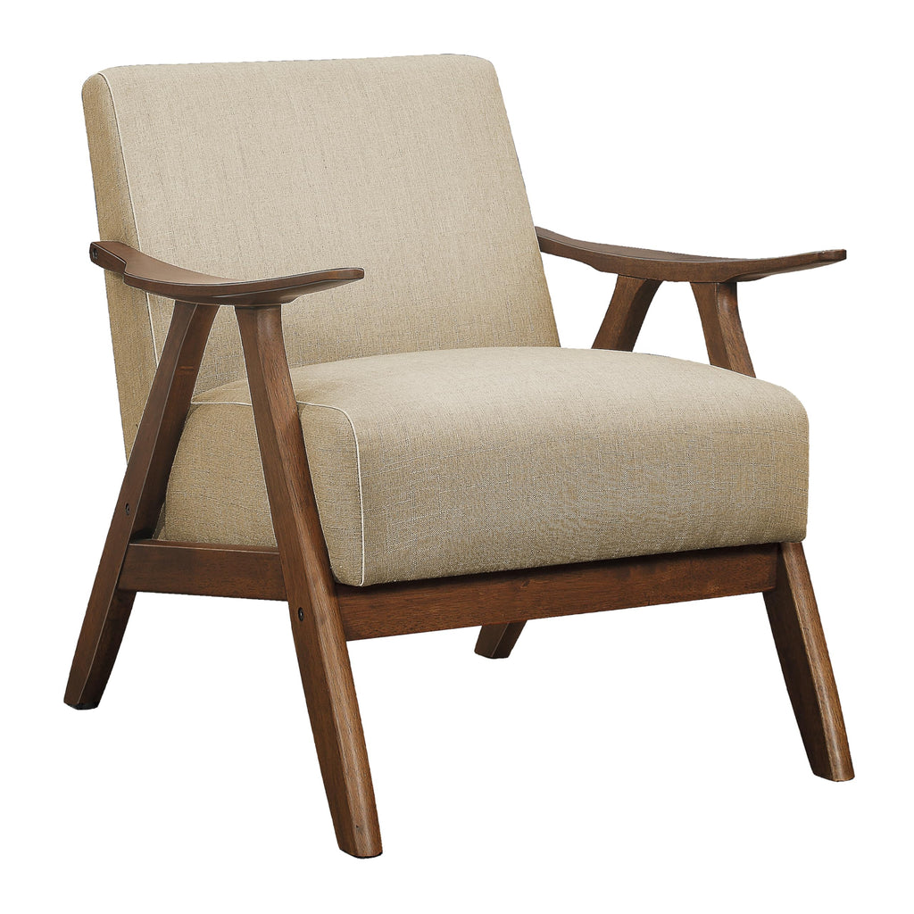 Lexicon Mid Century Modern Accent Chair with Solid Wood Frame in Walnut Finish, Upholstered Living Room Lounge Arm Chair, Thick and Comfy Innerspring Seat Cushion, Linen-Look Fabric, Light Brown