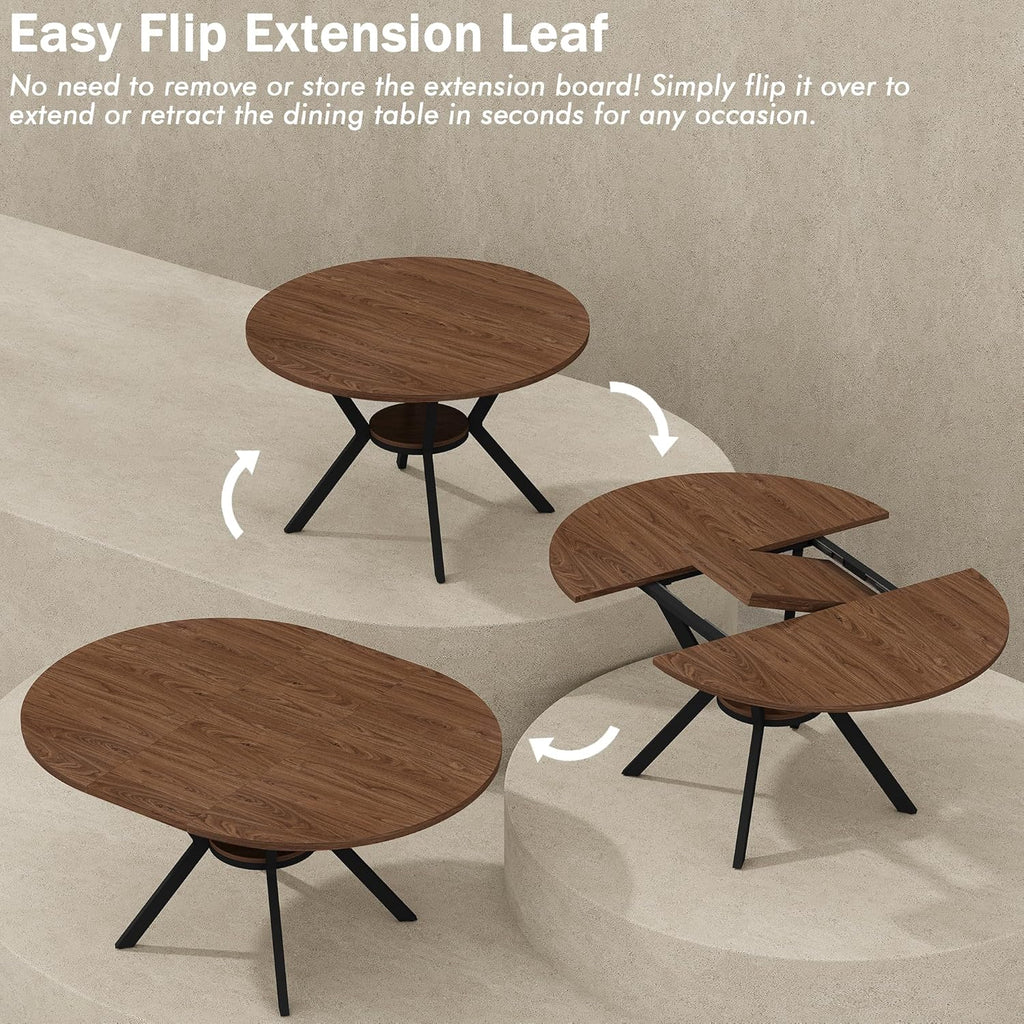 42"-58" Extendable Round Dining Table with Hidden Leaves & Storage Shelf, Metal Legs for Small Spaces