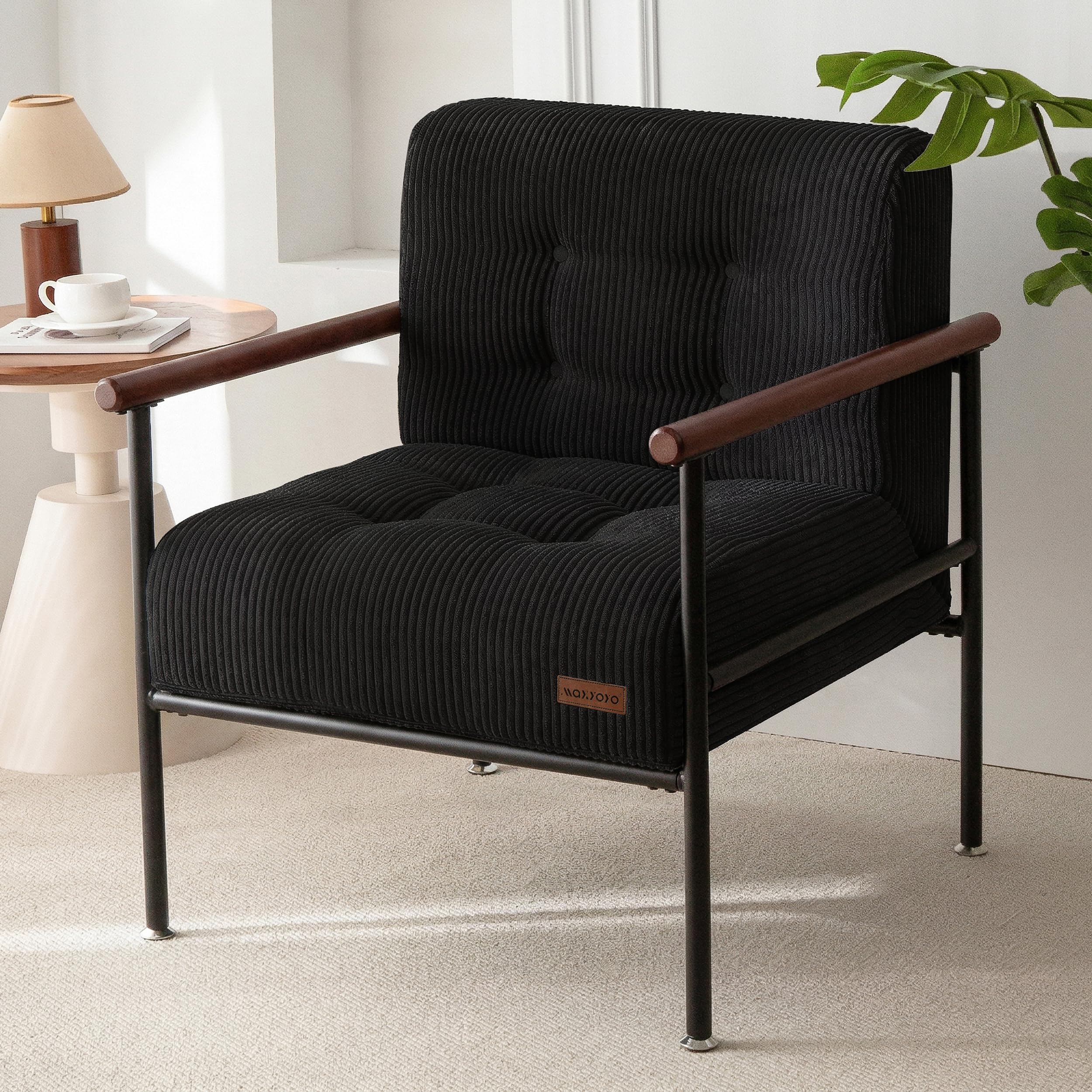 MAXYOYO Living Room Accent Chair, Modern Chair with Sturdy Metal Frame & Wood Armrests, Upholstered Reading Chair with Upholstered Cushion for Bedroom Balcony Porch, Dark Green