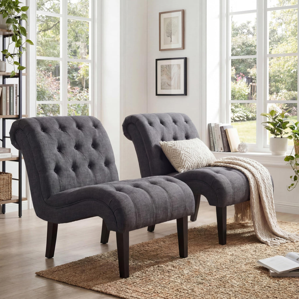 Mid Century Modern Accent Chair, Button Tufted Armless Lounge Chair, Upholstered Linen Side Chair with Solid Wood Legs for Bedroom, Living Room, Office