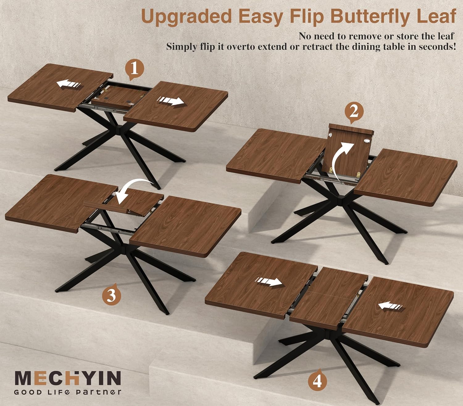 Extendable Dining Room Table for 4 6 8, 55"-70.9" Long Rectangle Kitchen Table,Wood Expandable Dining Table with Butterfly Leaf Self-Storing, Space Saving, For Kitchen Dining Living Room,Modern,Walnut
