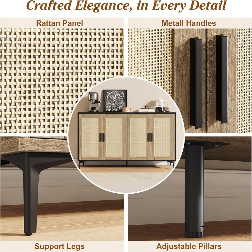 48" Rattan Sideboard Buffet Cabinet with Doors & Adjustable Shelves, Black Storage Console Table for Kitchen Living Room Entryway