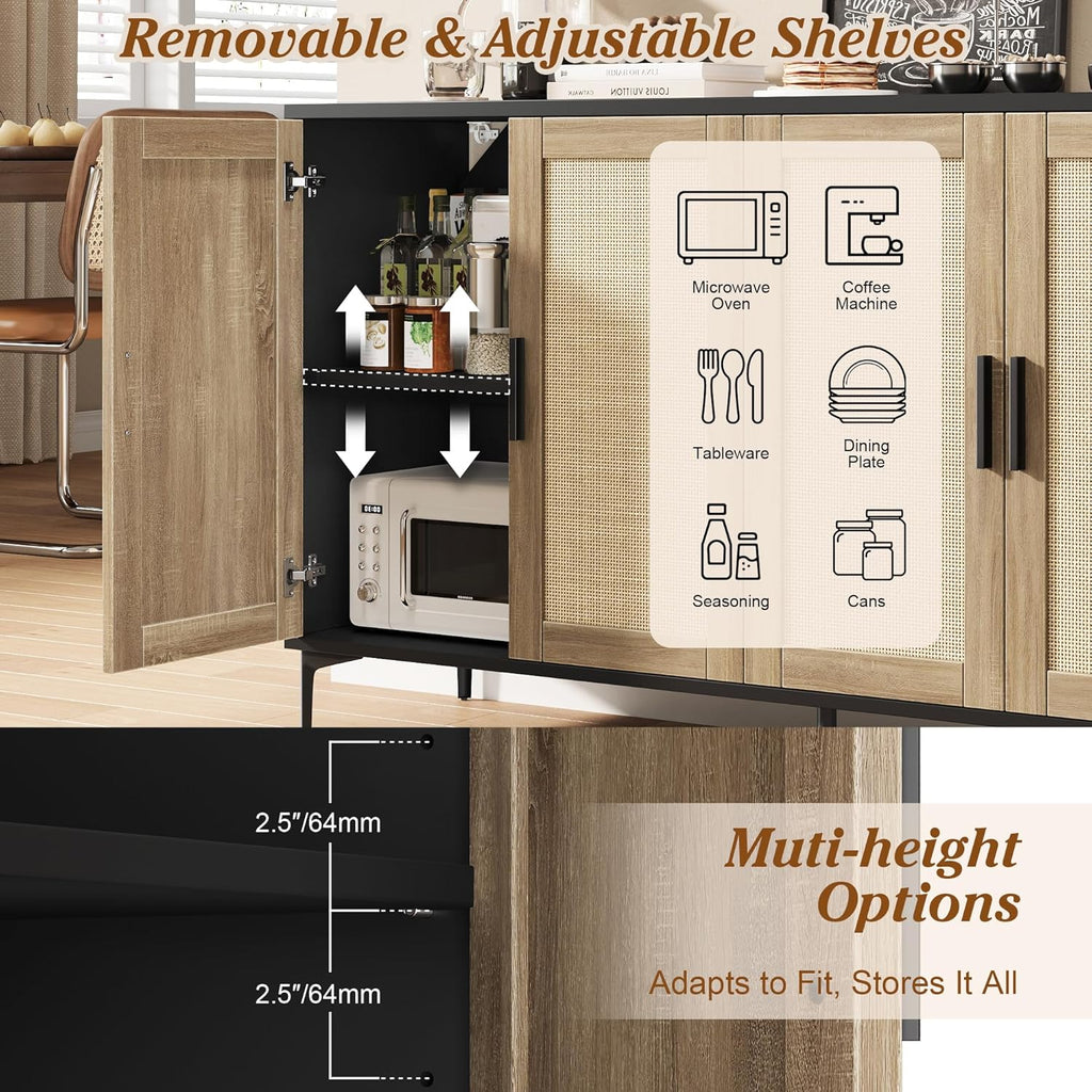 48" Rattan Sideboard Buffet Cabinet with Doors & Adjustable Shelves, Black Storage Console Table for Kitchen Living Room Entryway