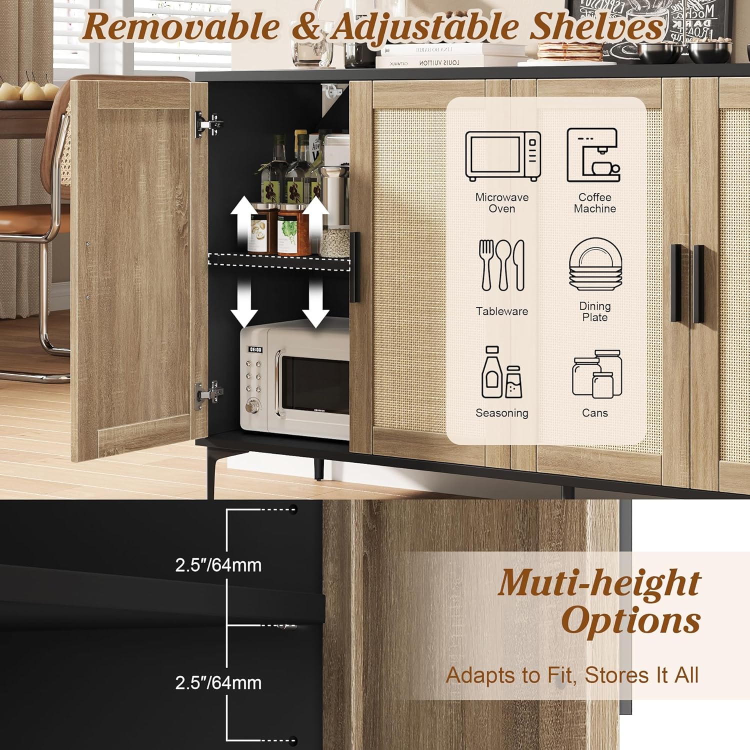 48" Rattan Sideboard Buffet Cabinet with Doors & Adjustable Shelves, Black Storage Console Table for Kitchen Living Room Entryway