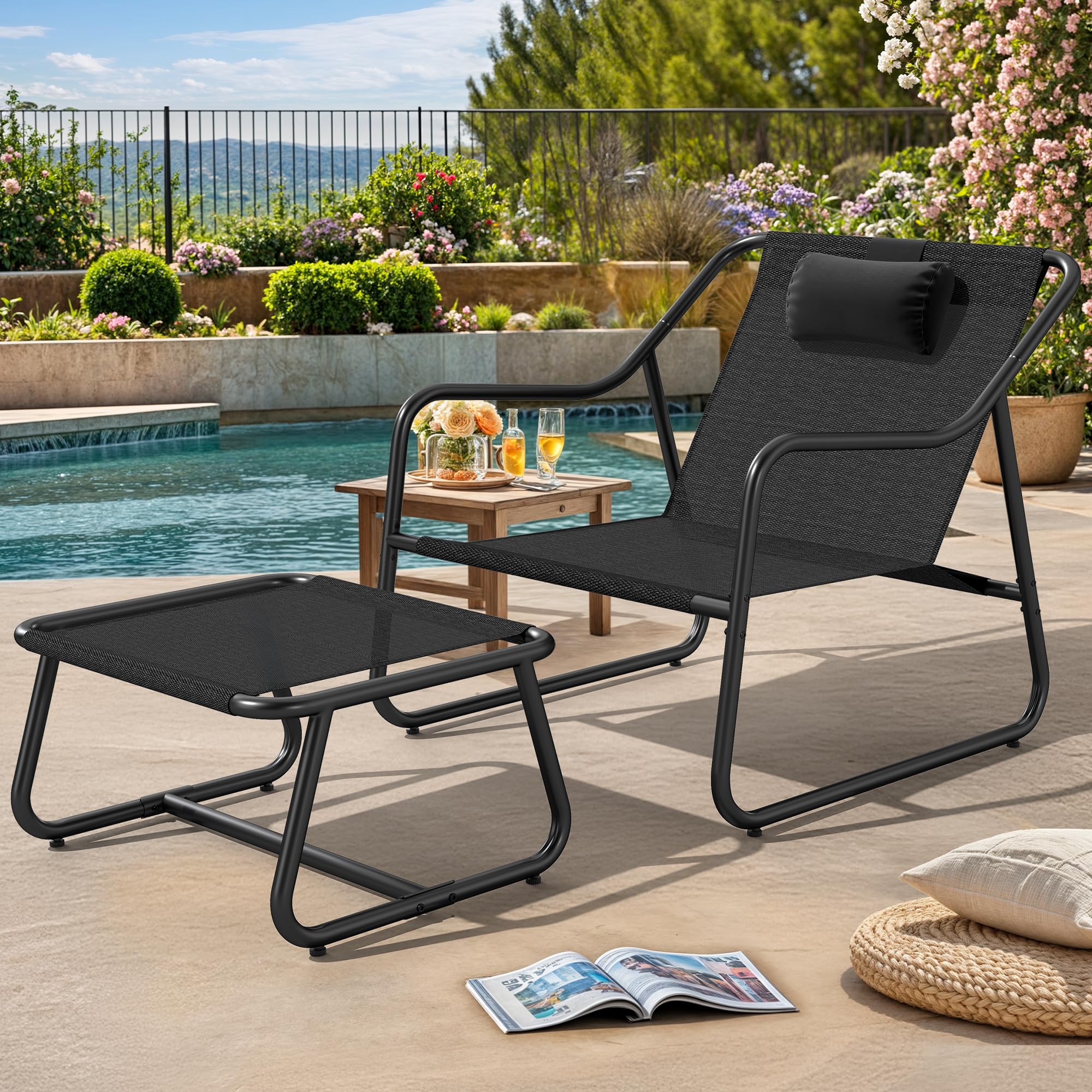 YITAHOME Patio Lounge Chair with Ottoman, Oversized Papasan Chair with Soft Cushion, Indoor/Outdoor Textilene Lounge with Teak Wood Handrail and Footstool for Living Room, Porch, Backyard or Garden