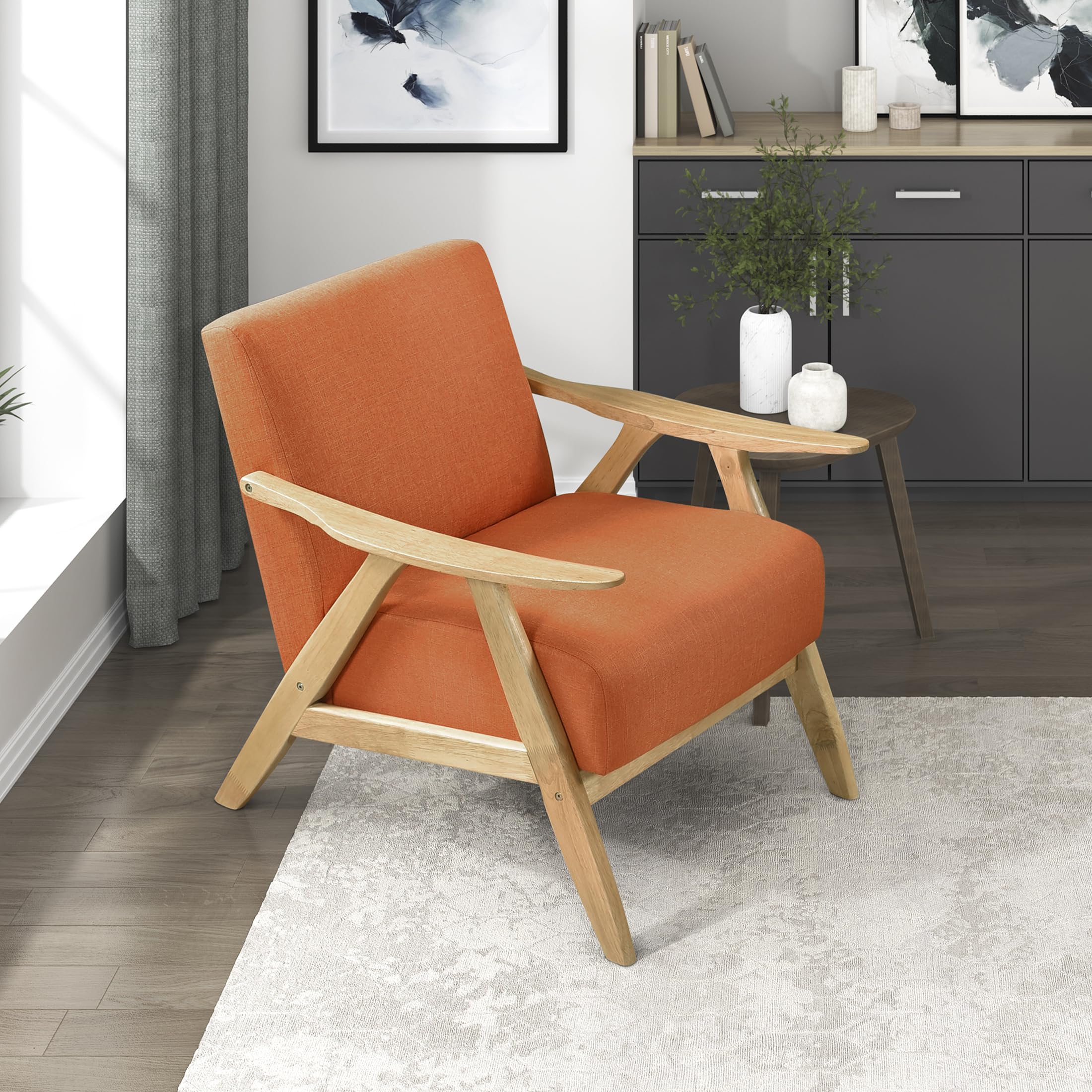 Lexicon Mid Century Modern Accent Chair with Solid Wood Frame in Walnut Finish, Upholstered Living Room Lounge Arm Chair, Thick and Comfy Innerspring Seat Cushion, Linen-Look Fabric, Light Brown