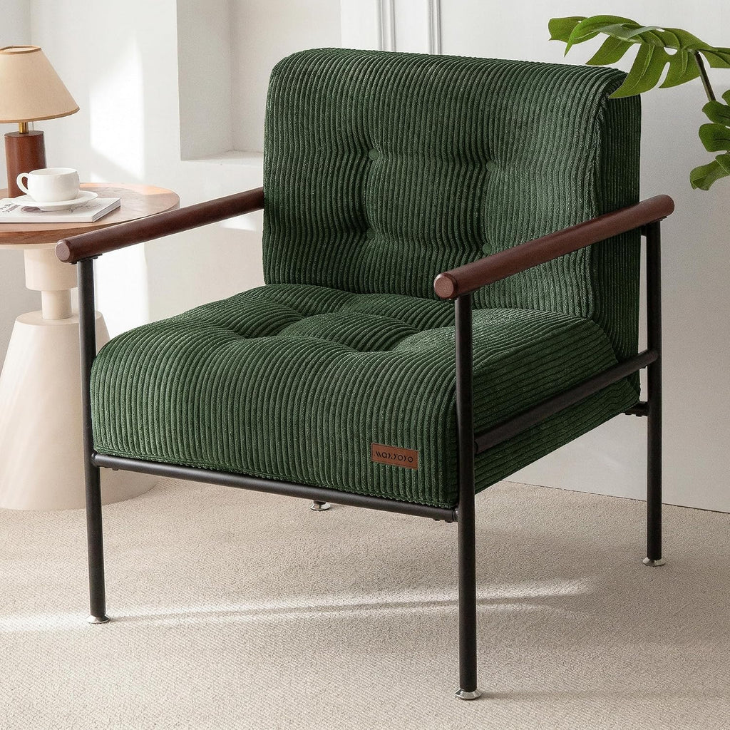 MAXYOYO Living Room Accent Chair, Modern Chair with Sturdy Metal Frame & Wood Armrests, Upholstered Reading Chair with Upholstered Cushion for Bedroom Balcony Porch, Dark Green