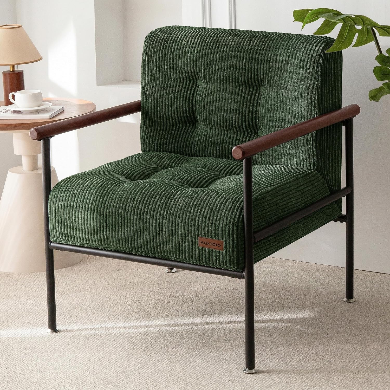 MAXYOYO Living Room Accent Chair, Modern Chair with Sturdy Metal Frame & Wood Armrests, Upholstered Reading Chair with Upholstered Cushion for Bedroom Balcony Porch, Dark Green