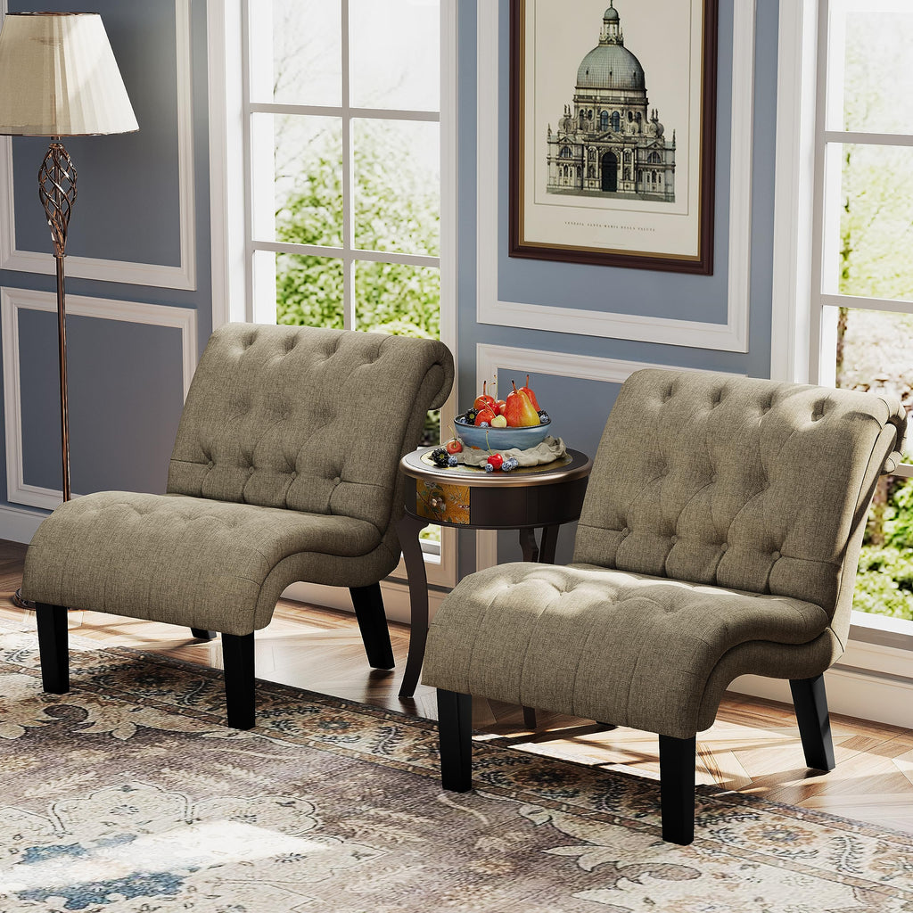 Mid Century Modern Accent Chair, Button Tufted Armless Lounge Chair, Upholstered Linen Side Chair with Solid Wood Legs for Bedroom, Living Room, Office