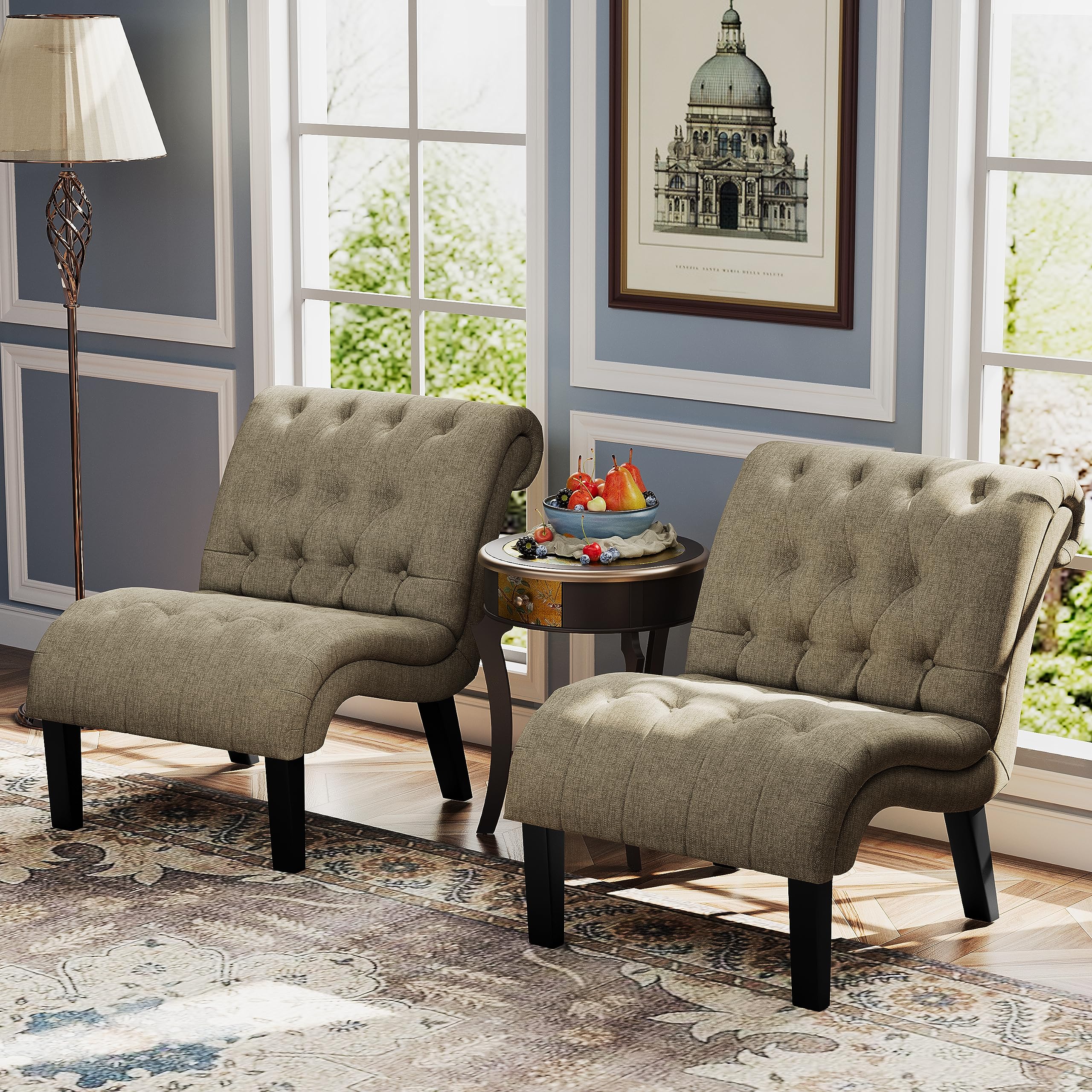Mid Century Modern Accent Chair, Button Tufted Armless Lounge Chair, Upholstered Linen Side Chair with Solid Wood Legs for Bedroom, Living Room, Office