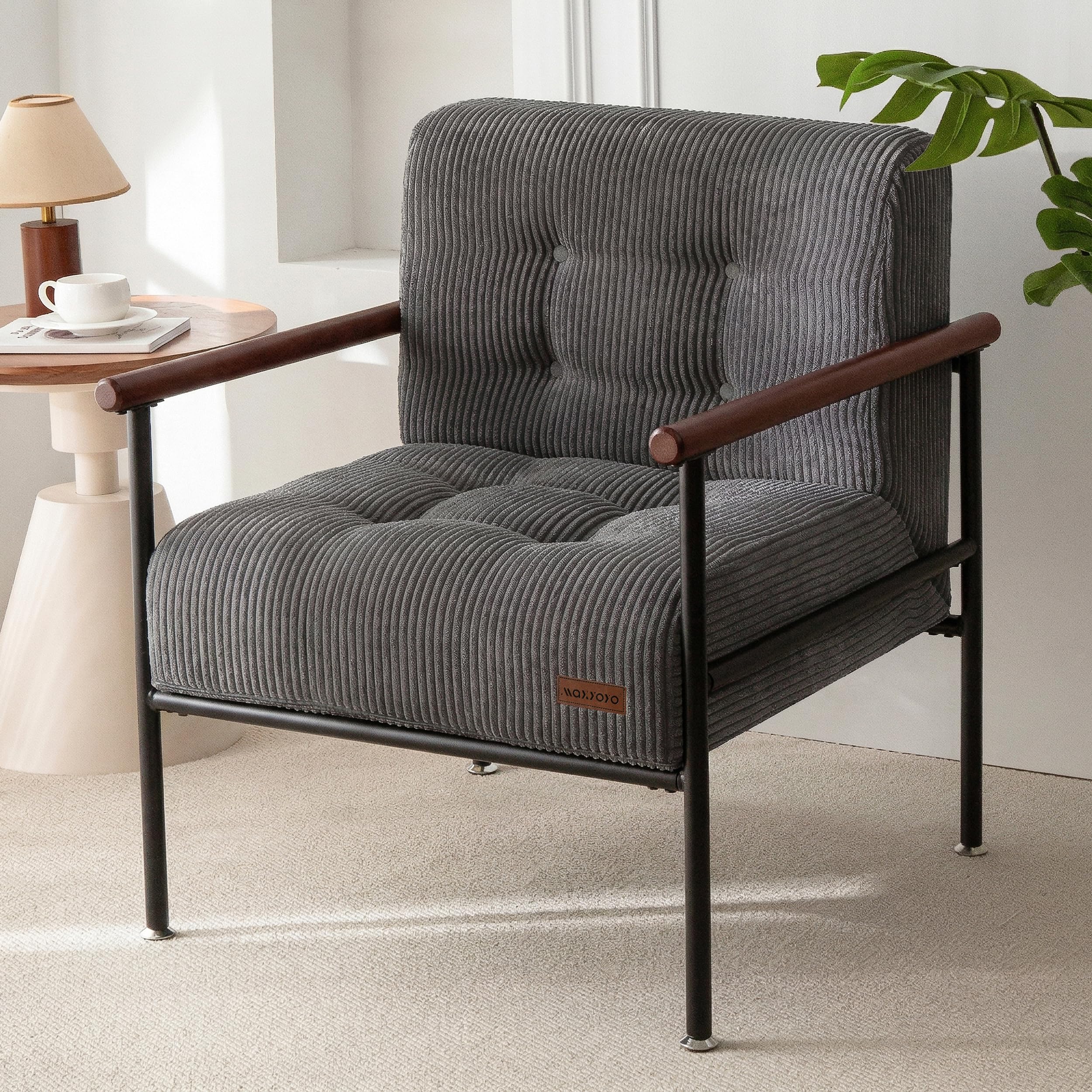 MAXYOYO Living Room Accent Chair, Modern Chair with Sturdy Metal Frame & Wood Armrests, Upholstered Reading Chair with Upholstered Cushion for Bedroom Balcony Porch, Dark Green