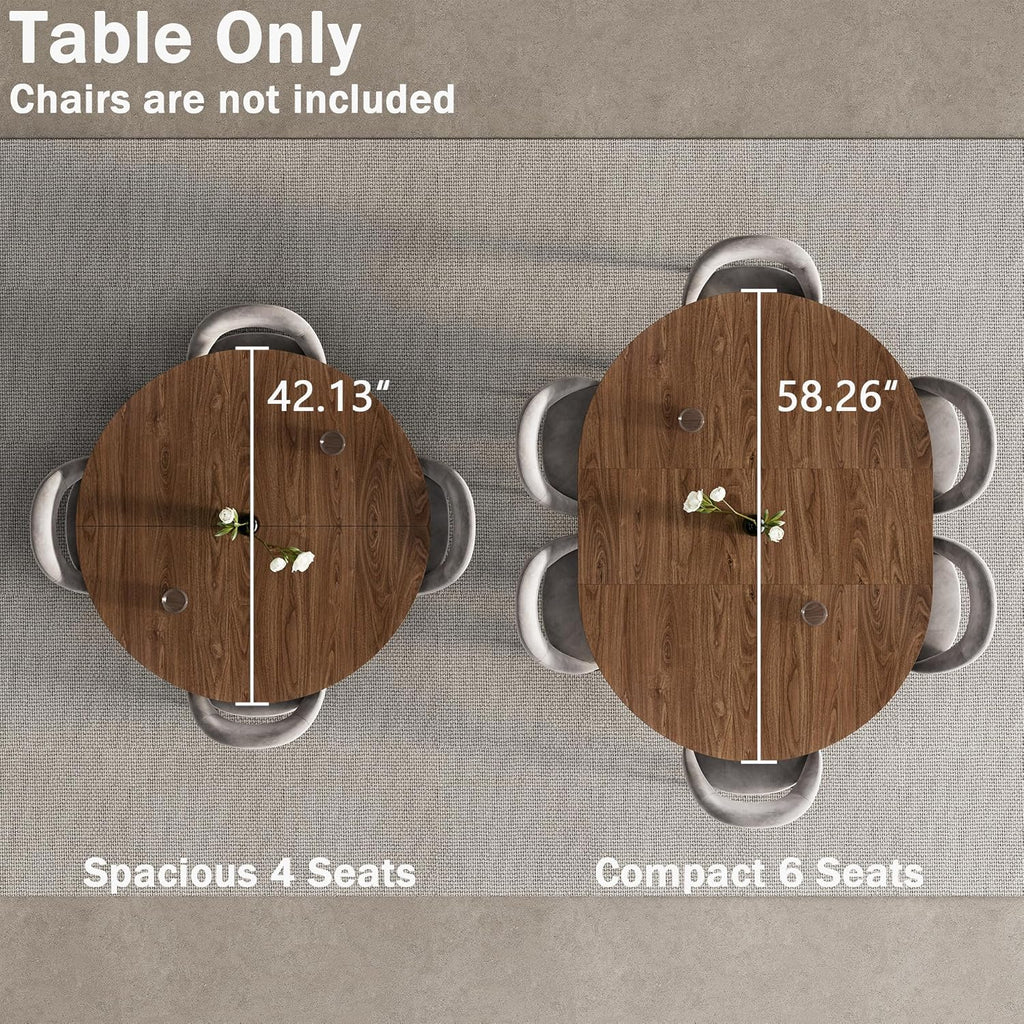 42"-58" Extendable Round Dining Table with Hidden Leaves & Storage Shelf, Metal Legs for Small Spaces